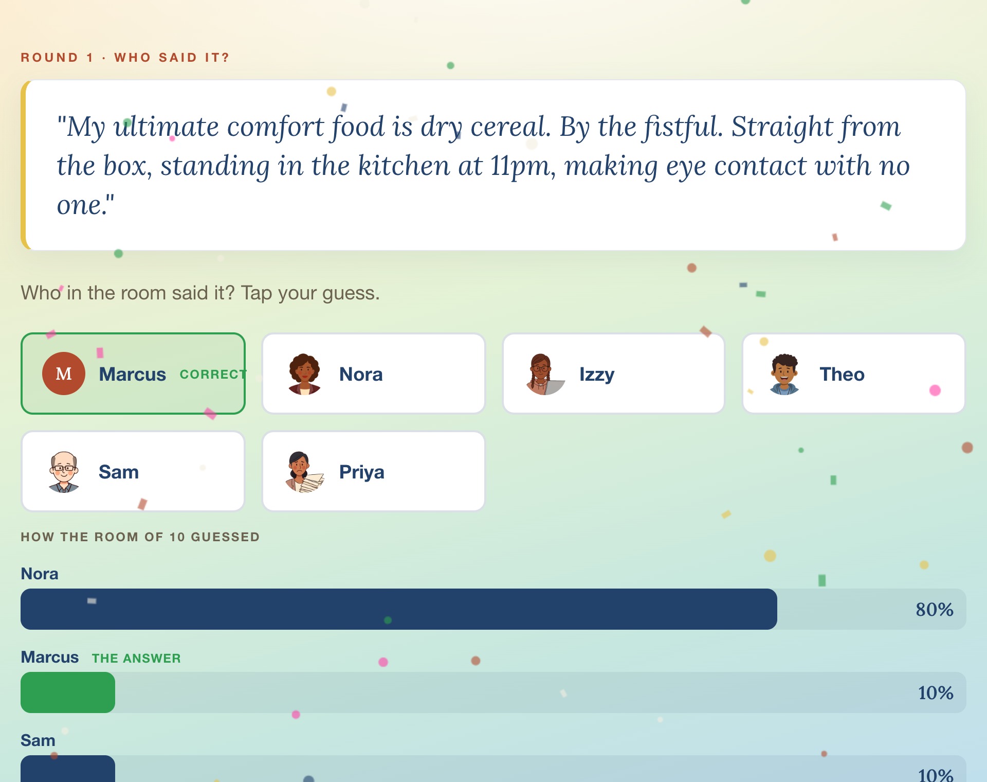 Live vote-split showing how the whole room guessed, with the real answer highlighted